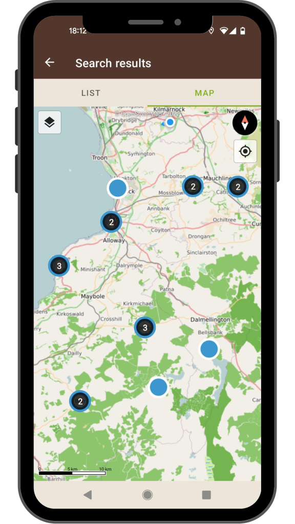 Mobile phone showing Visorando app Results page in map form