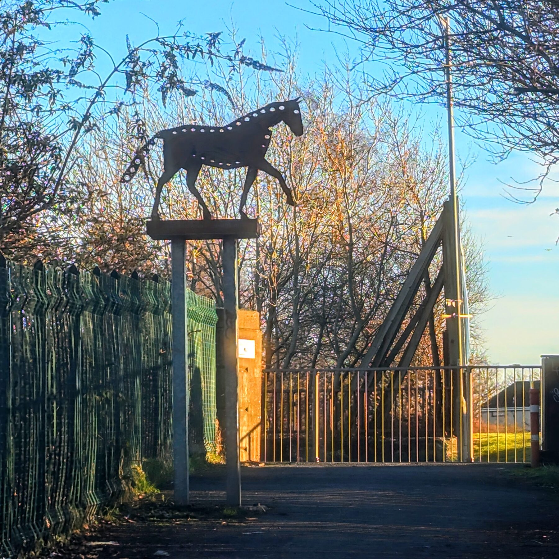 A steel sculpture in the shape of a horse