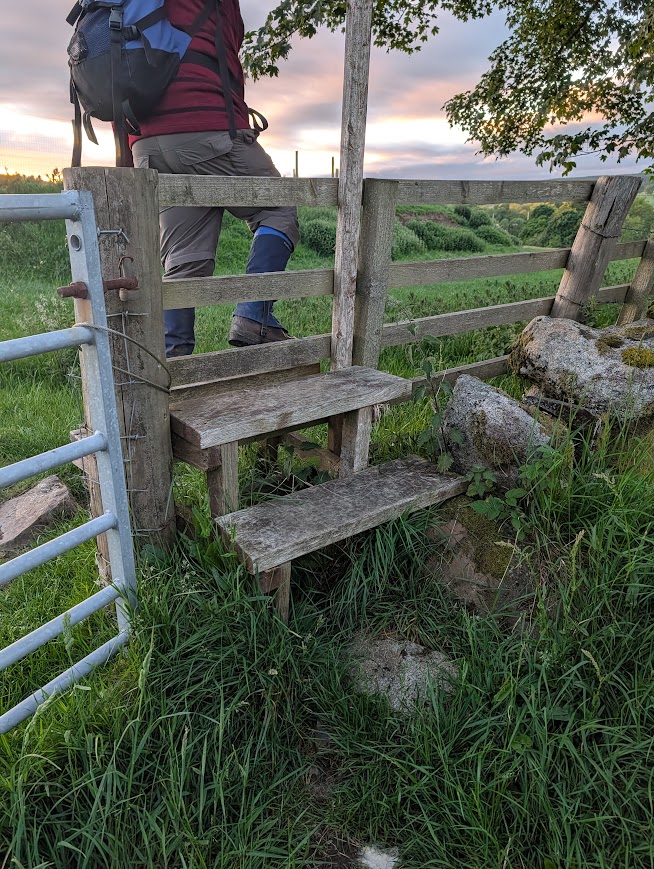 Man crossing a well-maintained wooded stile