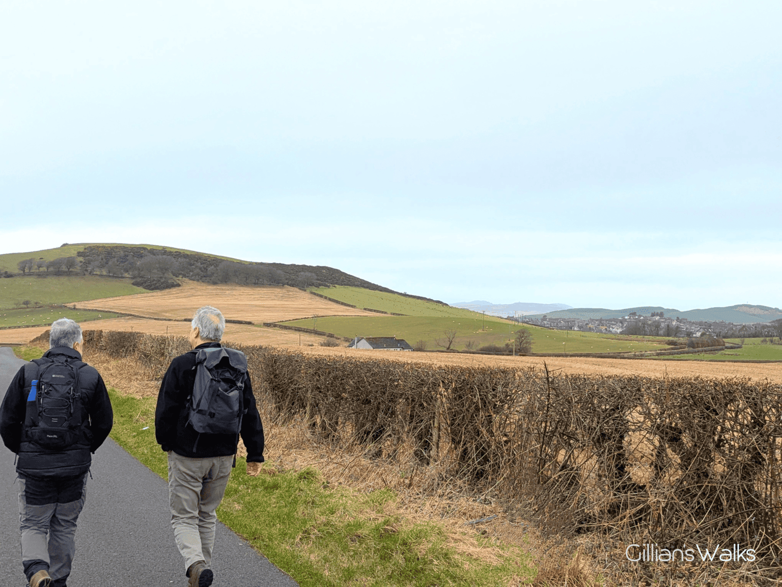 Two men walking along a single track road in the countryside