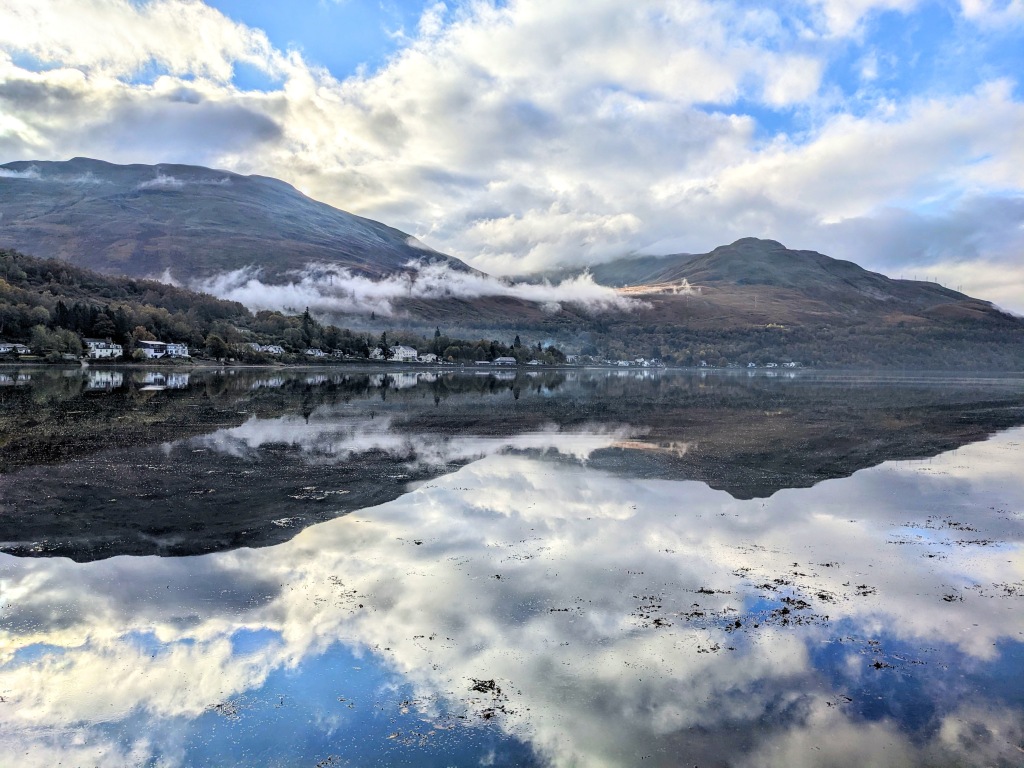 View across to Arrochar from the car park, the mountains reflecting into Loch Long