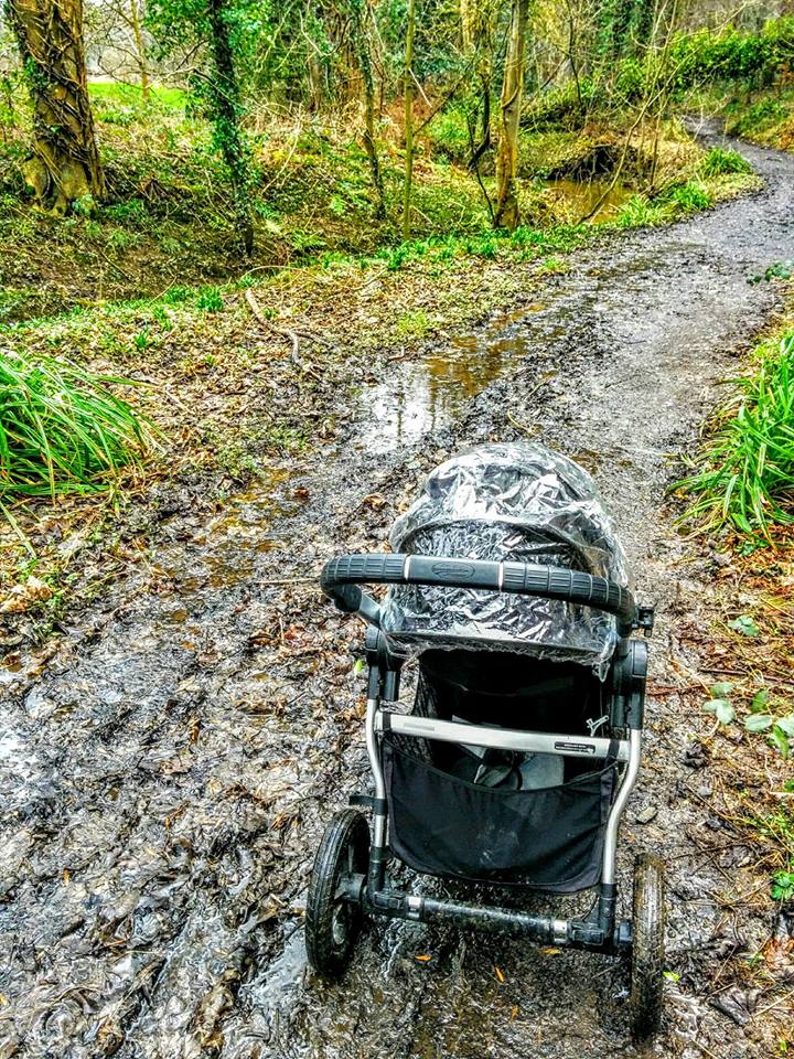 A buggy on an extremely boggy footpath in the woods next to Dalmilling Golf Course, Ayr