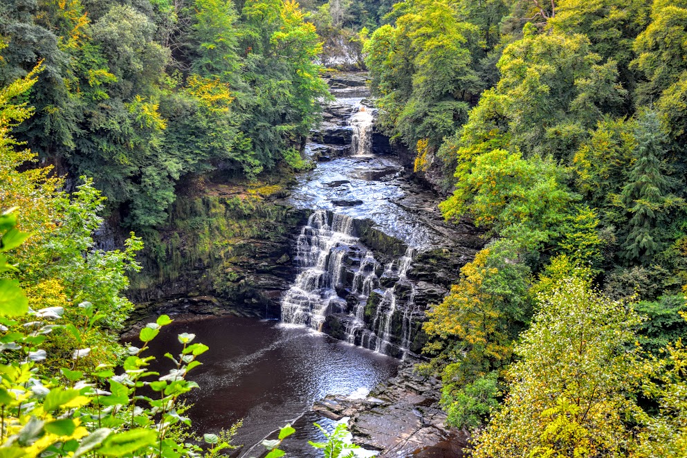 Corra Linn waterfall in summer