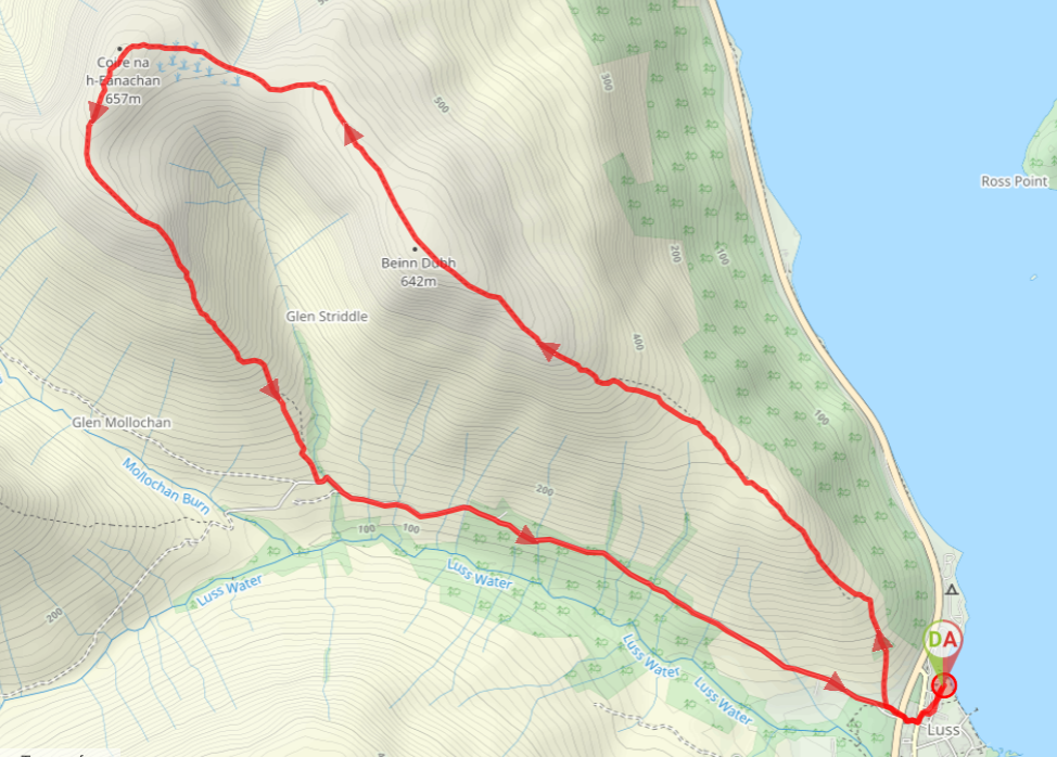 Route map - Beinn Dubh and the Glen Striddle Horseshoe