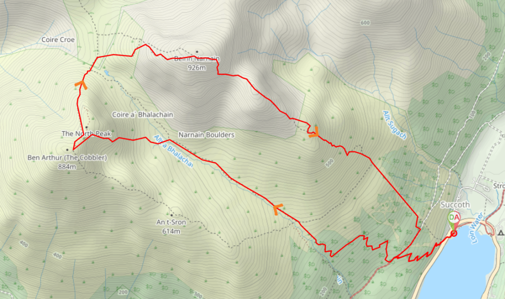 Route map - the Cobbler and Ben Narnain, Arrochar