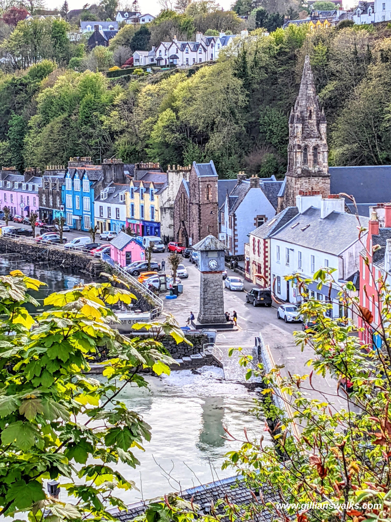 View down to the multi-coloured buildings on Tobermory's main street