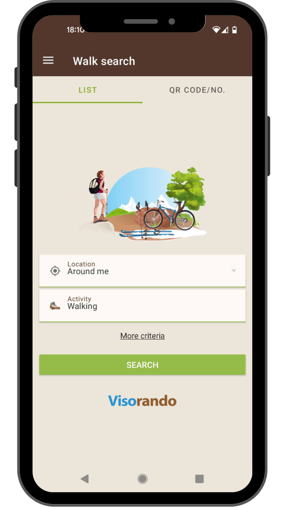 Mobile phone showing Visorando app homepage
