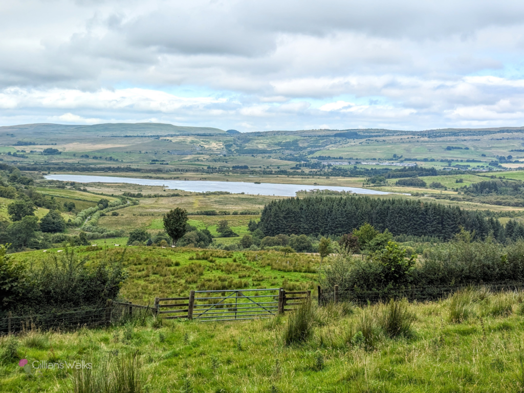Viewpoint from high ground overlooking lush green fields, coniferous trees and Bogton Loch, with green rolling hills in the background.