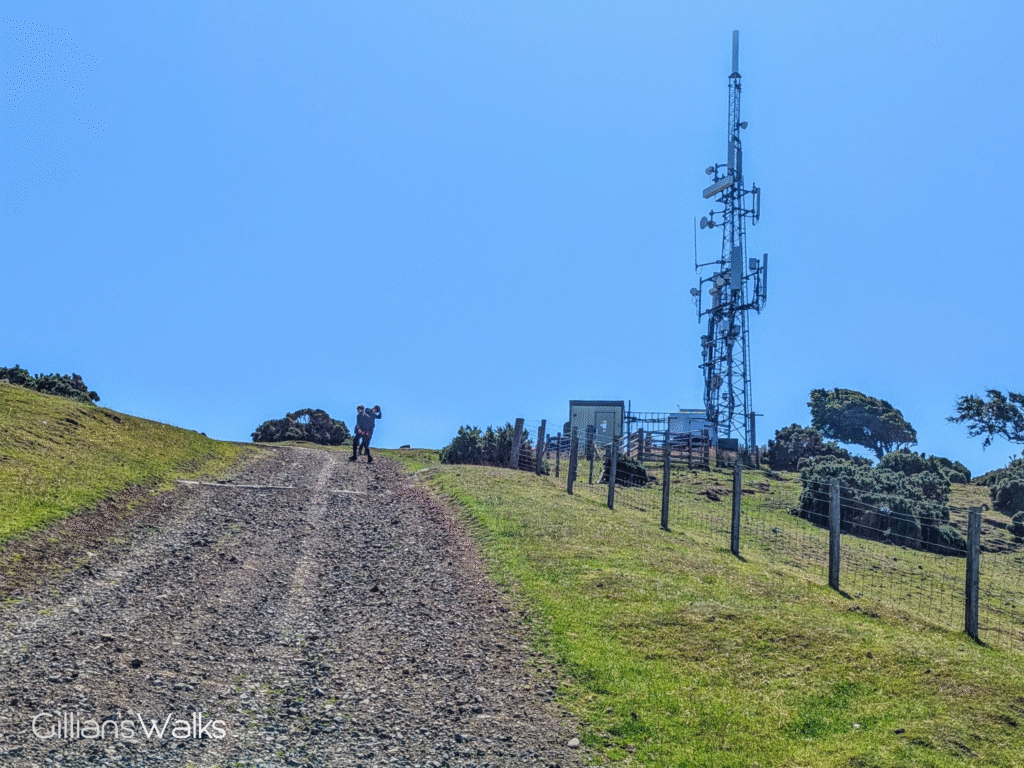 A stone track leading uphill towards a mast