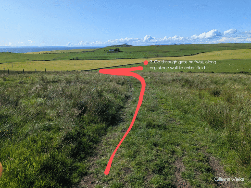 Annotated photo showing a red line running along a dry stone wall and a red dot indicating the position of a gate in the distance