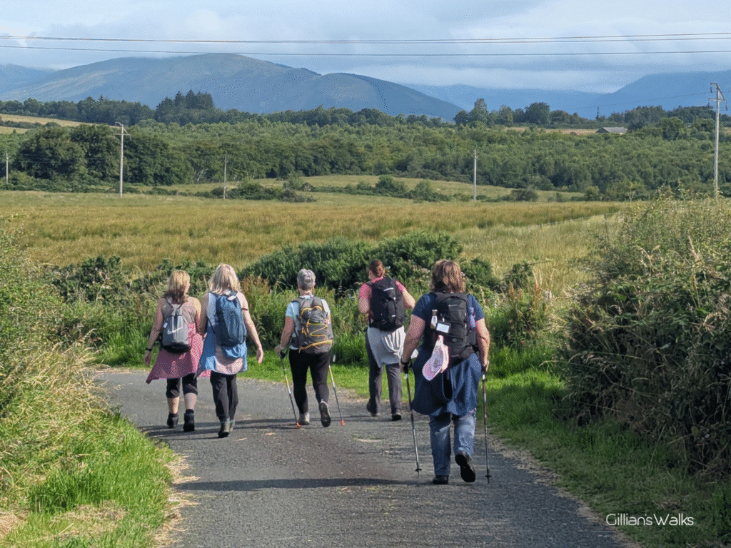 Group walking along country road with grassy farmland all around and rolling hills in the distance