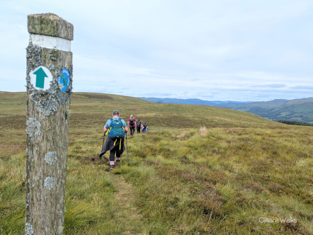 group of walkers crossing moorland - on an indistinct trail. A wooden marker post is in the foreground with spots of lichen growing on it. 