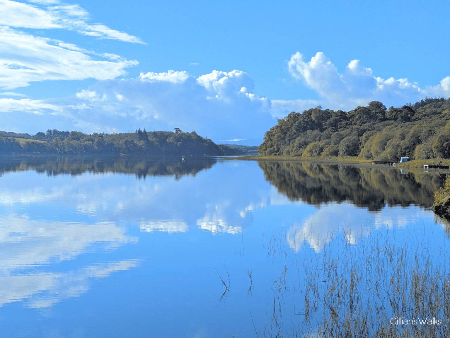 Perfect reflections of the trees, blue sky and clouds in Loch Fad
