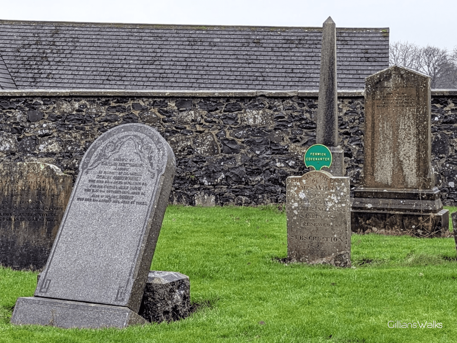 Close-up view of aged gravestones in a historic cemetery, including a tall stone obelisk marked with a green sign reading “Fenwick Covenanter.”