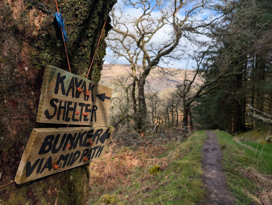 A narrow trail crosses a raised grassy mound. There are two handmade wooden signs attached to a tree trunk on the left. The top one says Kayak Shelter and the bottom one says Bunker via mid path. Both have an arrow pointing to the left