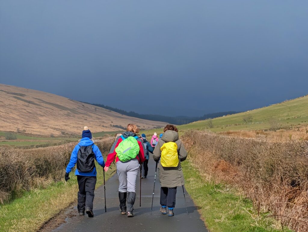 A group of walkers on a country road with the sun on their backs, but heading towards a looming dark sky