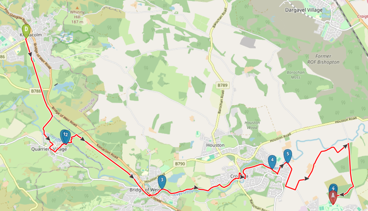 route map image - GVW from Kilmacolm to Linwood