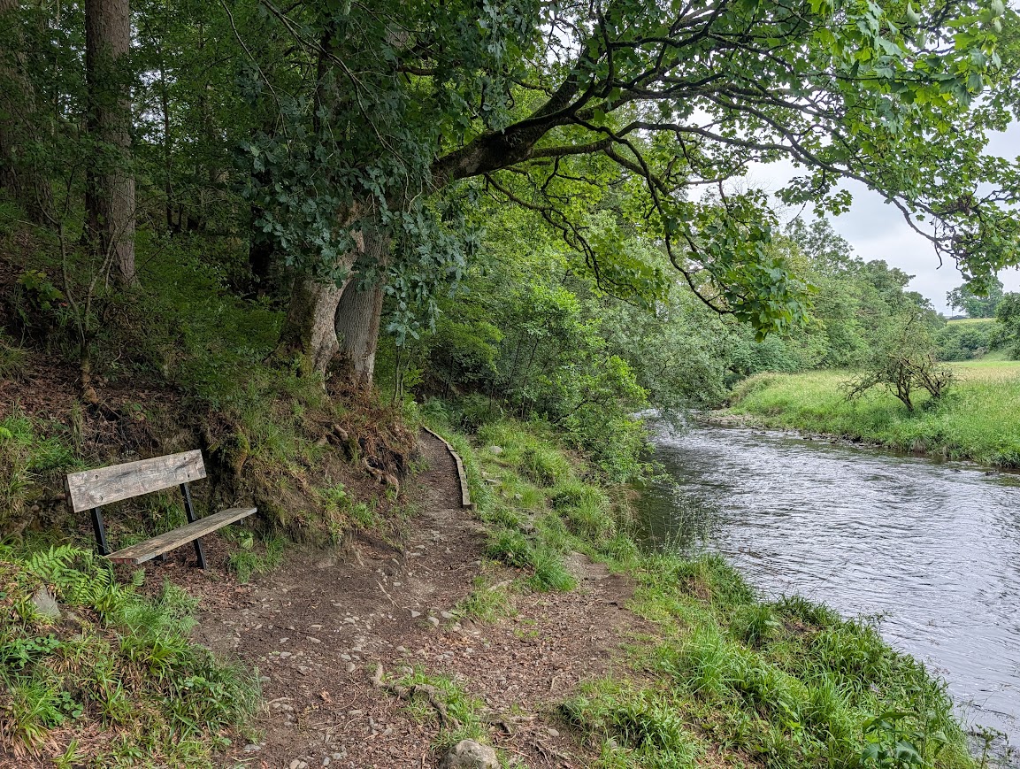 Bench beside a riverside trail in Glen Afton