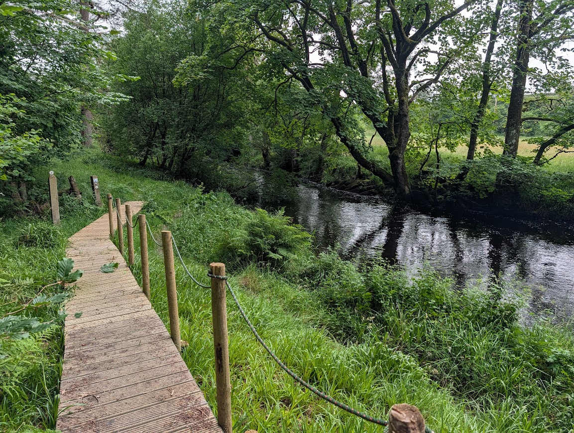 Section of boardwalk with a rope handrail, beside the River Afton
